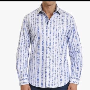 Robert Graham Men XL Blue Stripe Botanical Button Down Flip Cuff Salt River